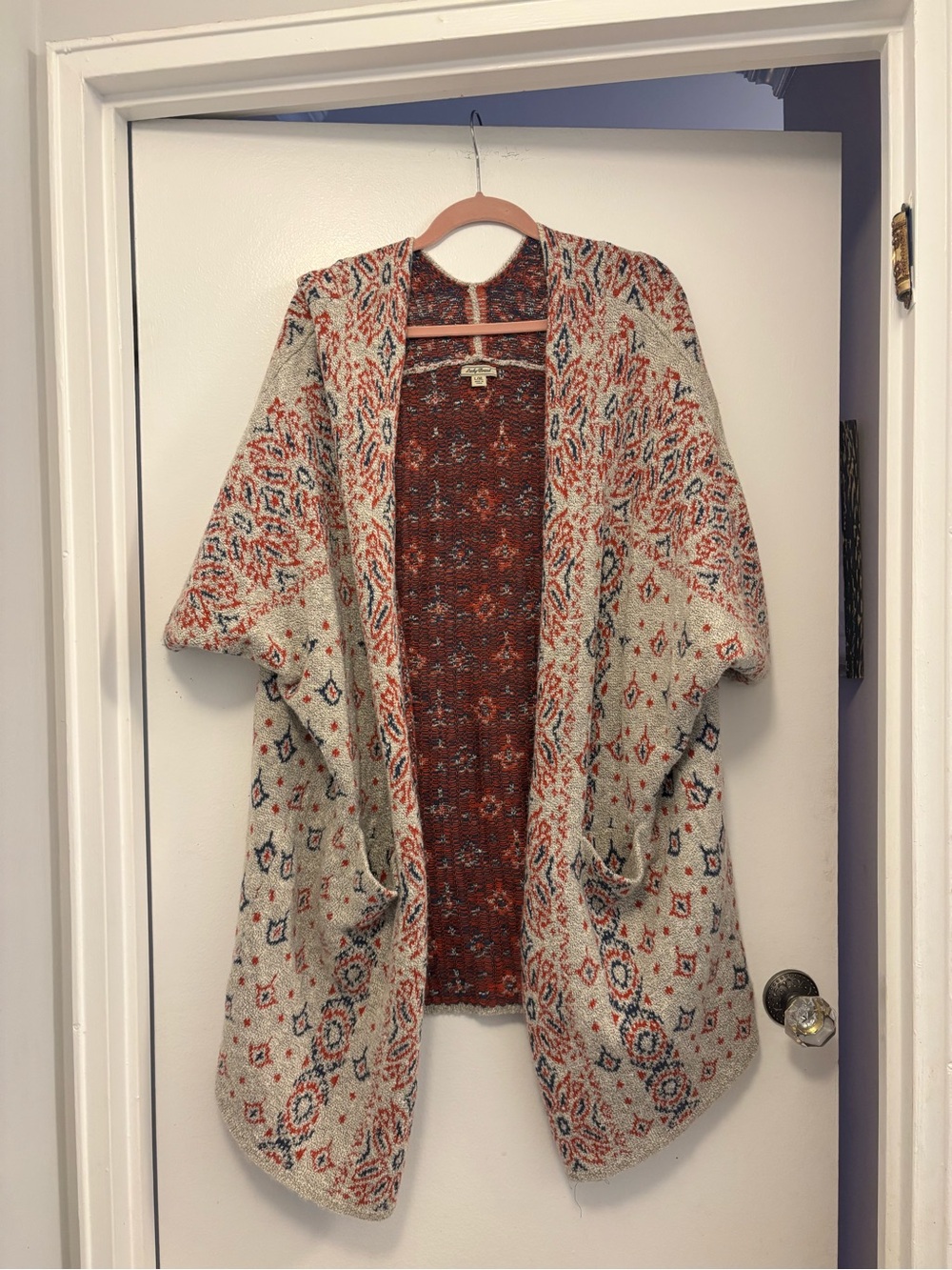 Lucky brand Cozy Open-Front Patterned Cardigan Jacket - Ivory & Rust boho